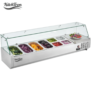 Commercial Salad Bar & Condiment Prep Stations – Tabletop Refrigerated Units with Sneeze Guard, ¼ GN Pans, Available in 100cm, 150cm, and 180cm Silver Countertop Models