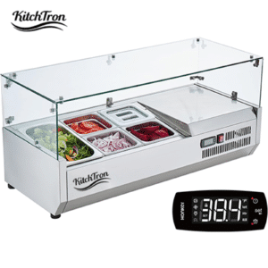 Commercial Countertop Refrigerated Salad & Condiment Prep Stations – Stainless Steel 304 Body with PC Lid, Glass Guard, ETL Certified, Available in 100cm, 120cm, and 150cm with Multiple Pan Configurations