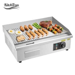 Commercial Electric Griddles – Stainless Steel Nonstick Countertop Grill Plates with Adjustable Thermostat, Flat or Half-Grooved Cooking Surface for Burgers and Grilling